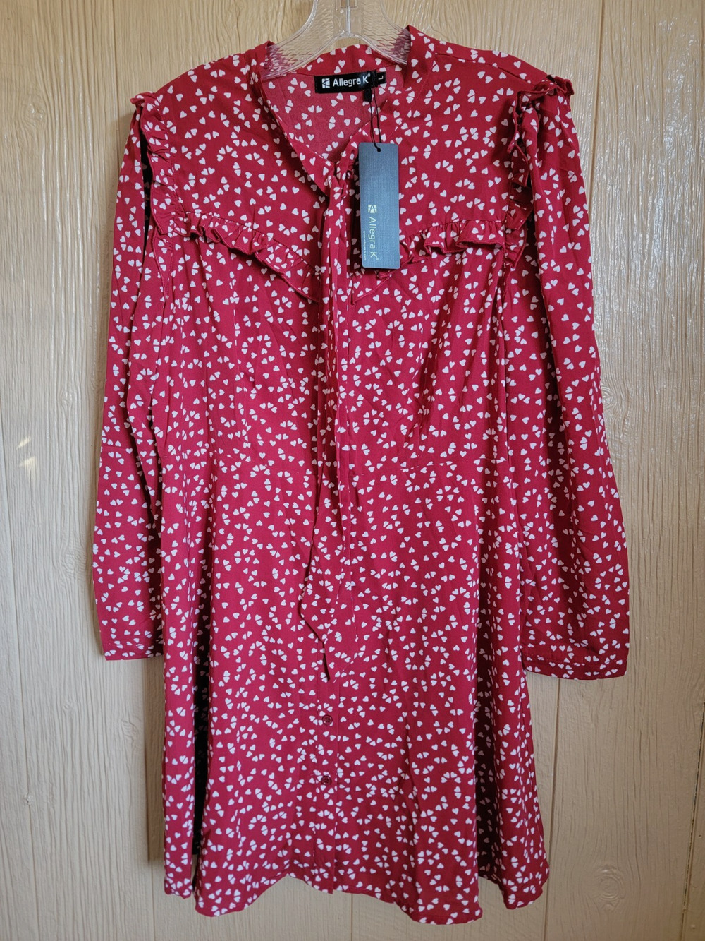 Allegra K Red Dress with Hearts Full Button Front Long Sleeve Midi sz Large Y2K